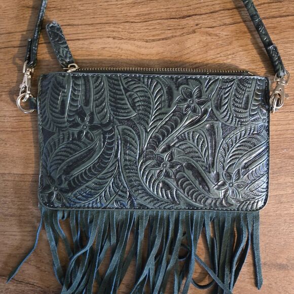 Tooled Green Fringe Bag Boho Crossbody Purse with Wristlet Strap Detachable - Picture 3 of 6